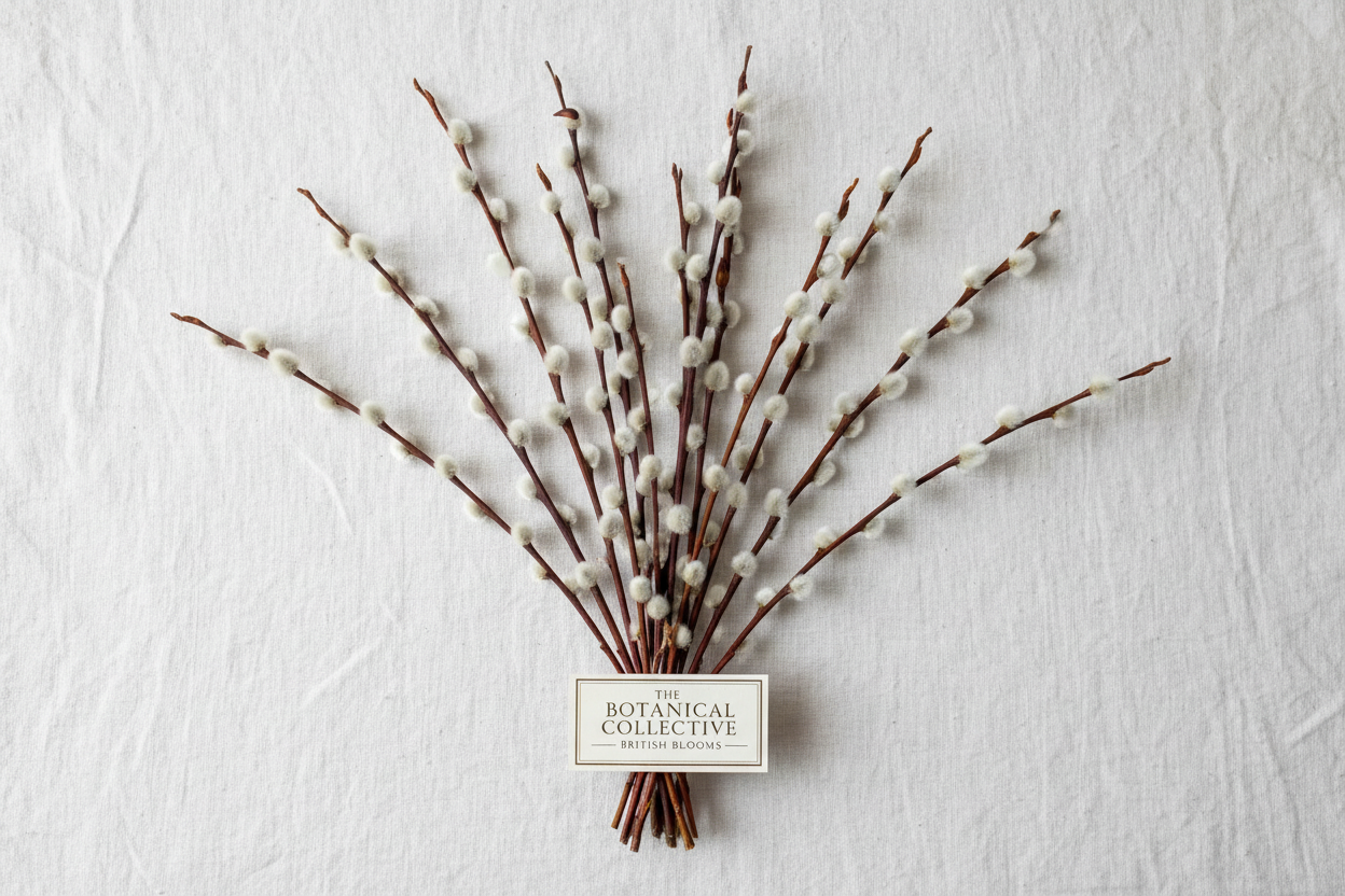 Flat lay of ten dried pussy willow stems with white catkins on white linen