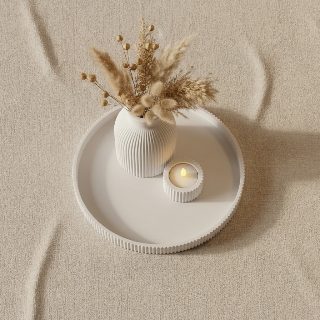 Overhead flat lay of white ribbed tray vase and candle holder set