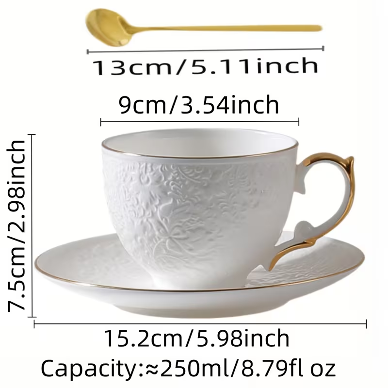 Embossed Bone China Tea Cup & Saucer Set – White & Gold