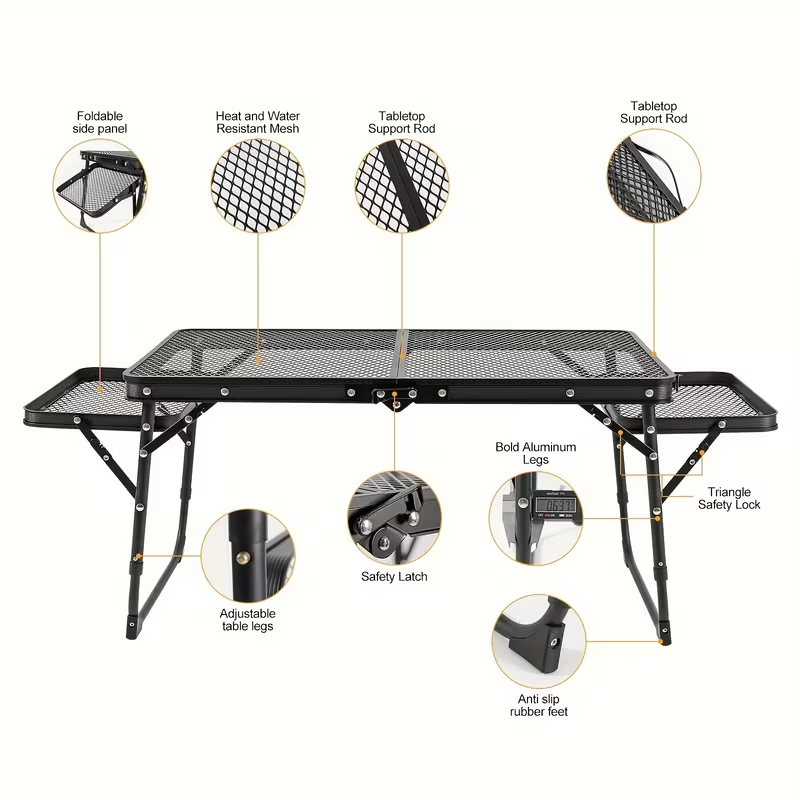 Folding Mesh Camping Table with Side Wings – Height Adjustable