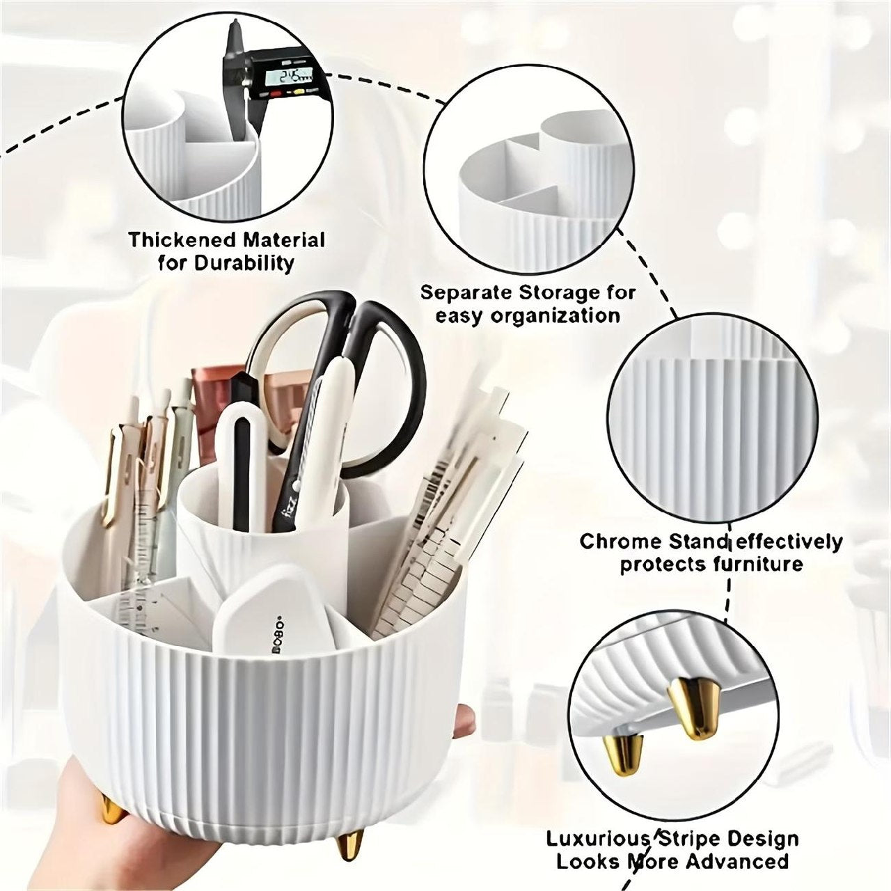 360° Rotating Makeup & Desk Organiser – 5-Compartment, White